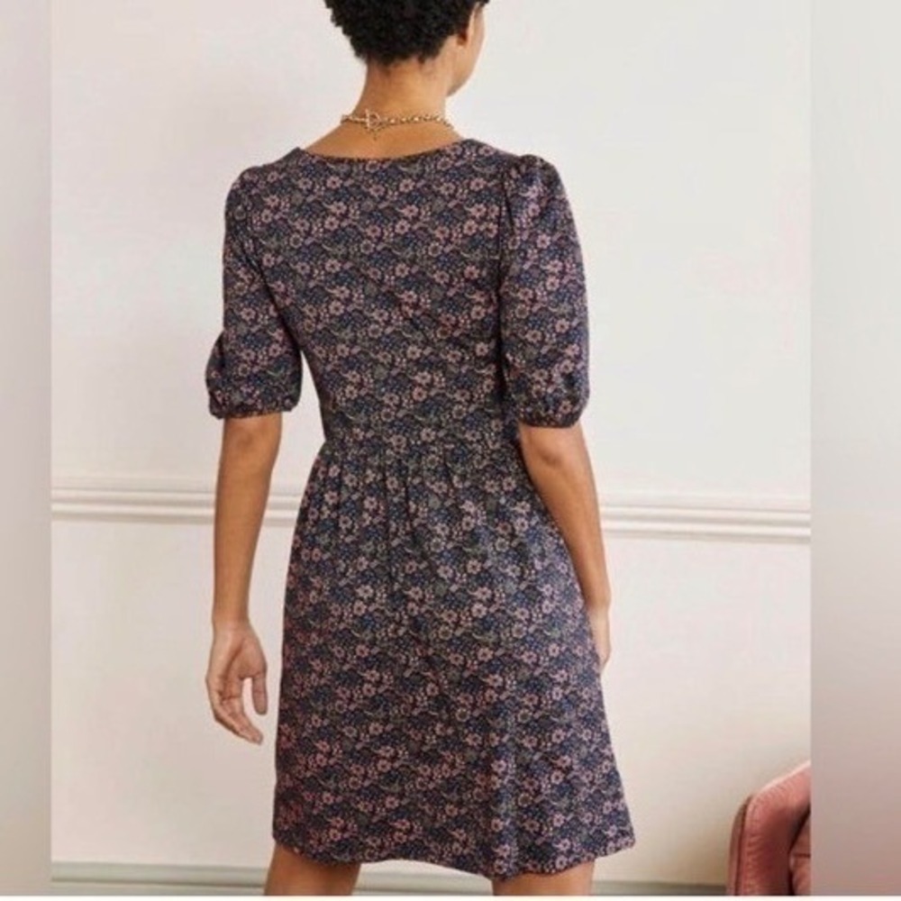 Boden Floral Puff Sleeve Square Neck Floral Print Navy and Pink Mini Dress US6 - Picture 3 of 9